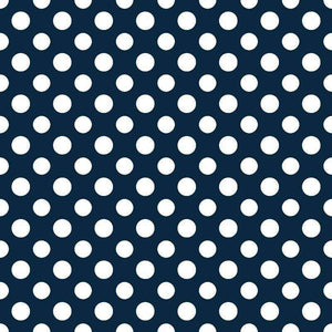 Navy blue fabric with uniform white polka dots