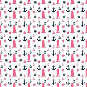 Maritime themed pattern featuring lighthouses, anchors, and ship wheels on a pink background