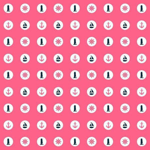 Nautical-themed pattern with anchors, sailboats, and compass roses on a pink background