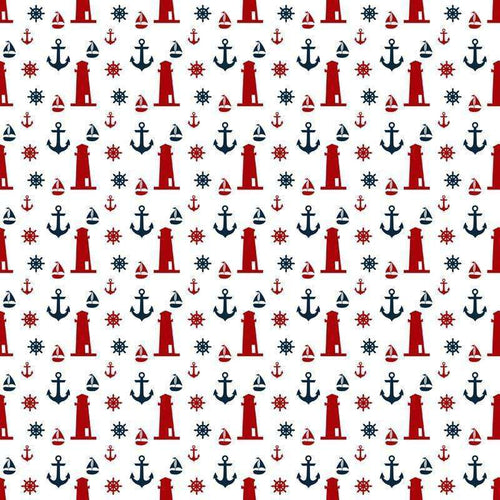 Maritime themed pattern with lighthouses, anchors, and helm wheels
