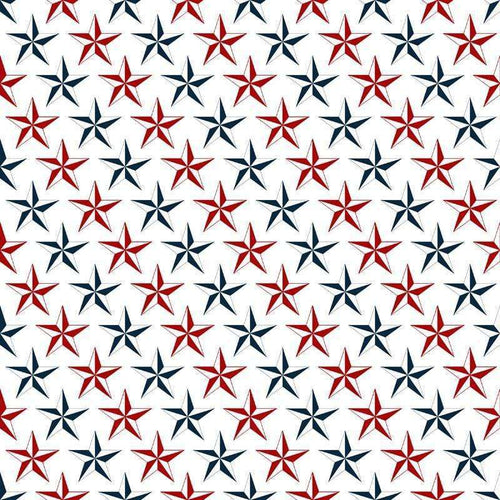 Square pattern image showcasing a repeating array of red and blue stars on a white background