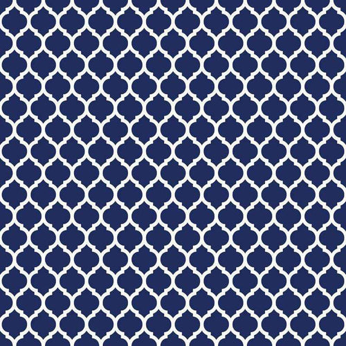 Repeated geometric trellis pattern in indigo and white
