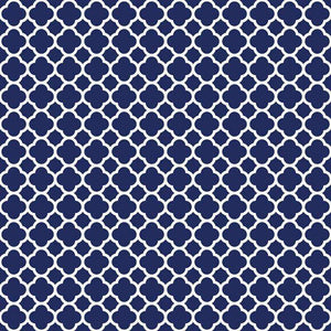 Repeated dark blue quatrefoil pattern on light background
