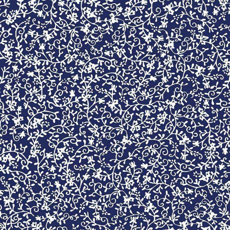 Intricate white floral patterns on a deep blue background