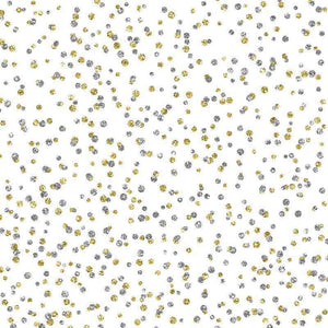 Abstract pattern with golden and gray dots scattered on a white background
