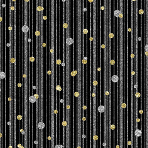 Glittering golden and silver dots scattered on black striped background