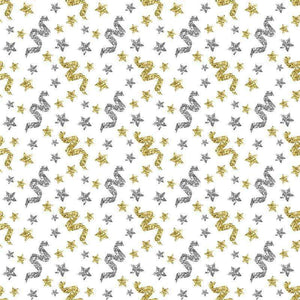 Seamless pattern with golden and silver stars and streamers on a white background