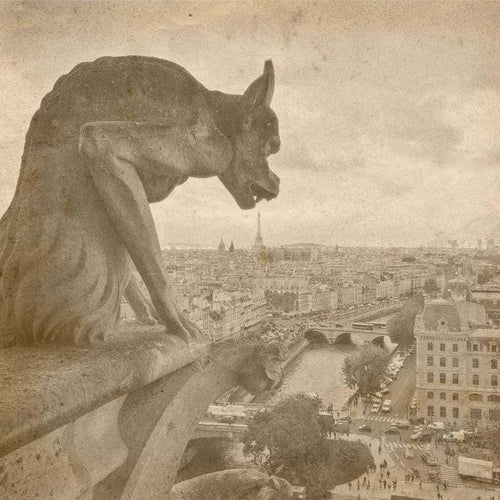 Sepia-toned image of Paris with a gargoyle overlooking the city