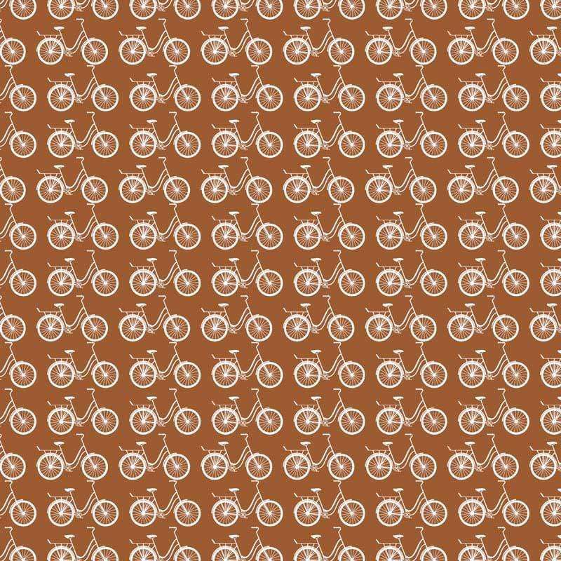 Seamless pattern of white bicycles on a terra cotta background