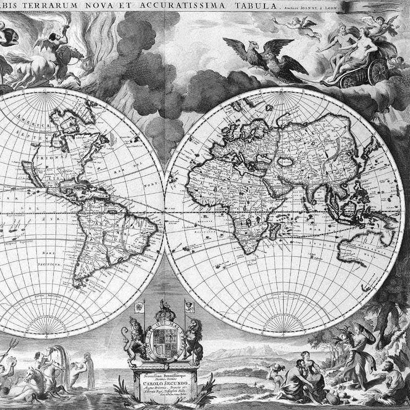 Old world map with hemispheres and baroque-style decorative elements