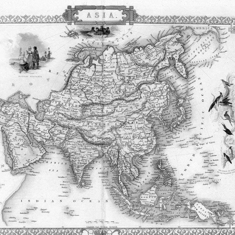 Antique monochromatic map of Asia surrounded by ornamental detail
