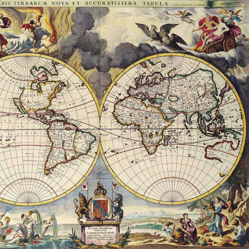 Antique double hemisphere world map with ornate border illustrations