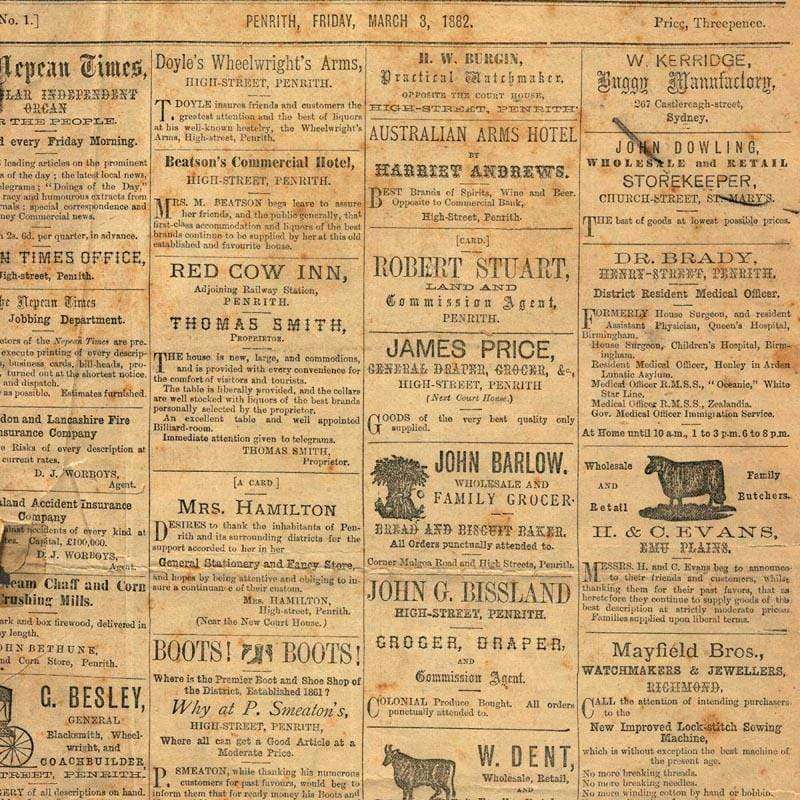 Antique newspaper classifieds pattern from 1882