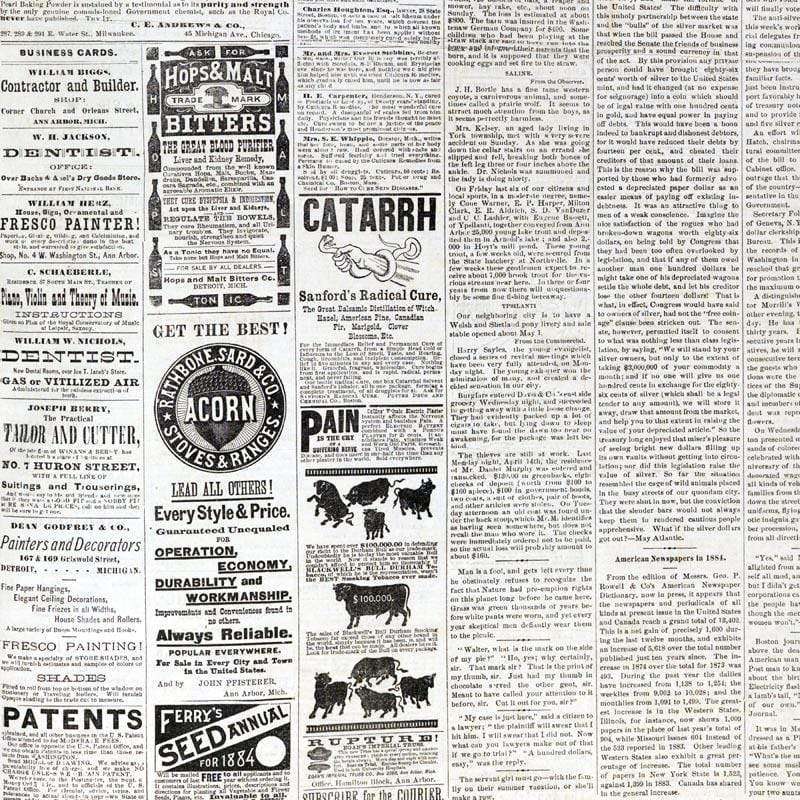 A collage of black and white vintage newspaper advertisements and articles