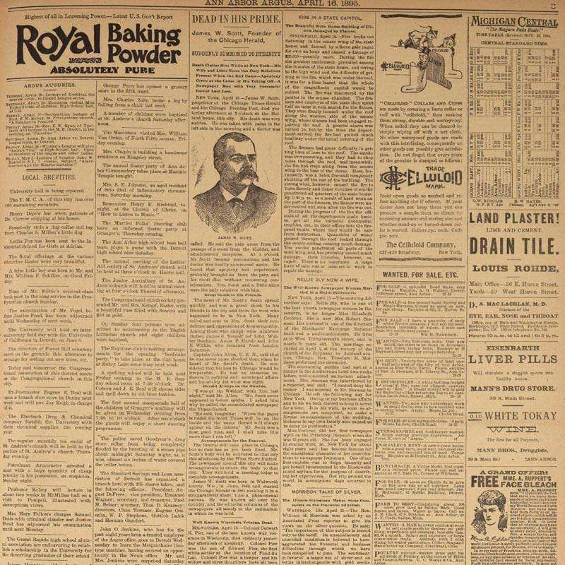 Antique newspaper print with advertisements and articles