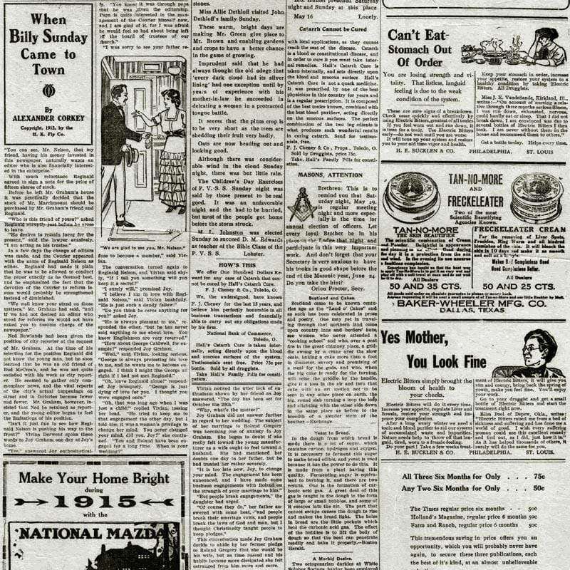 Old newspaper clippings with assorted advertisements