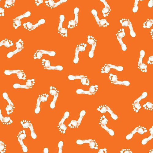 White footprint patterns on an orange background