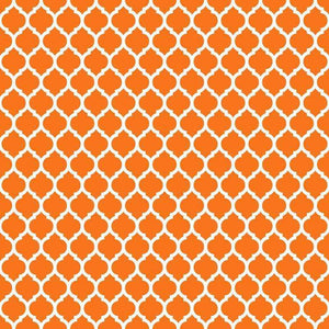 Repeated orange quatrefoil pattern on a beige background