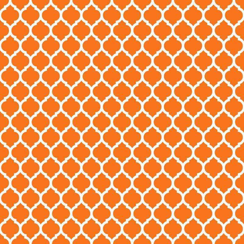 Repeated orange quatrefoil pattern on a beige background