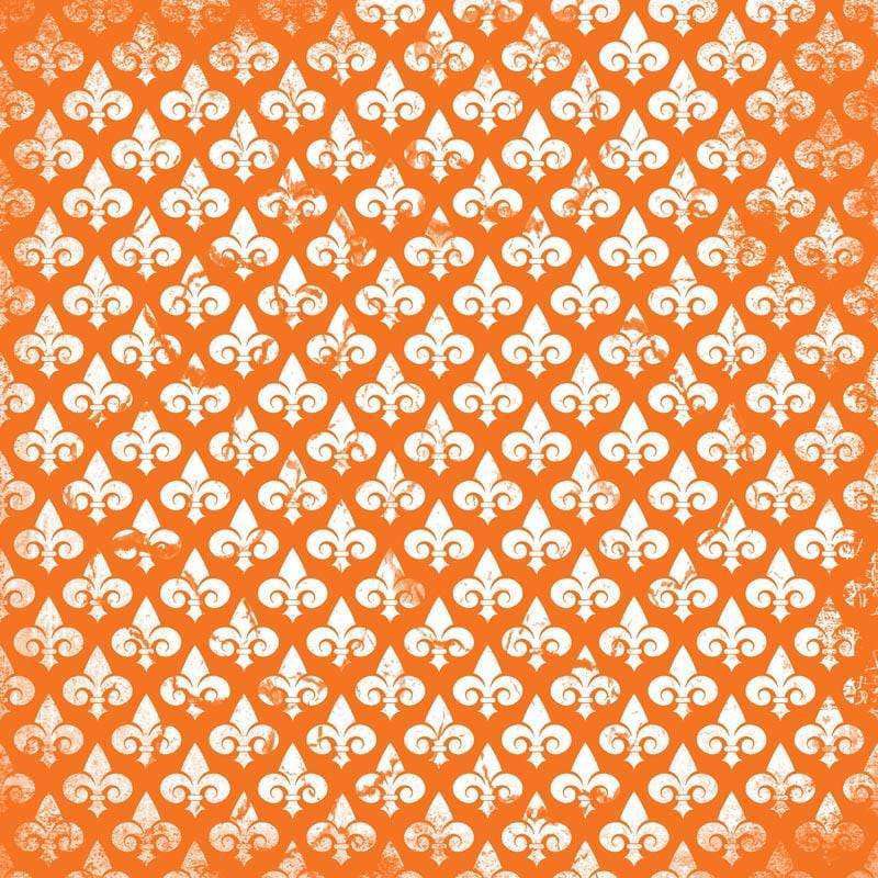 Distressed white fleur-de-lis pattern on burnt orange background