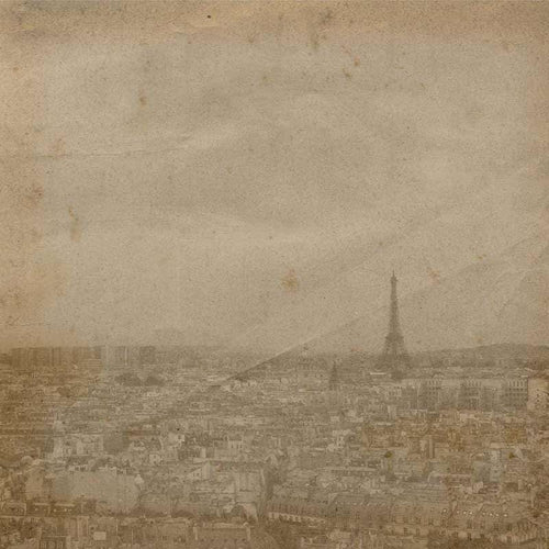 Antique-style Paris cityscape with Eiffel Tower in the distance