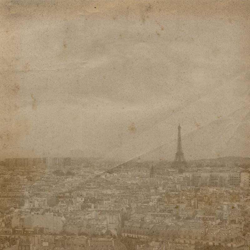 Antique-style Paris cityscape with Eiffel Tower in the distance