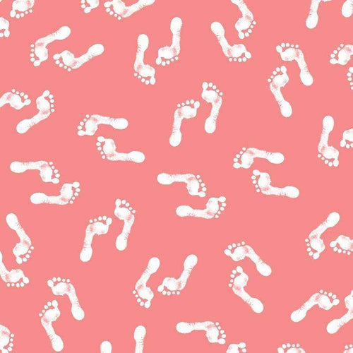 White footprint patterns on coral background
