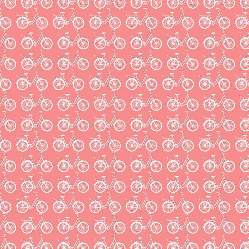 Seamless pattern of white bicycles on a coral background