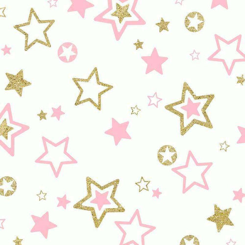 Various pink and gold stars on a white background