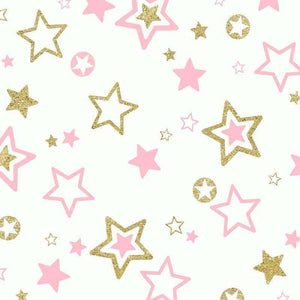 Various pink and gold stars on a white background