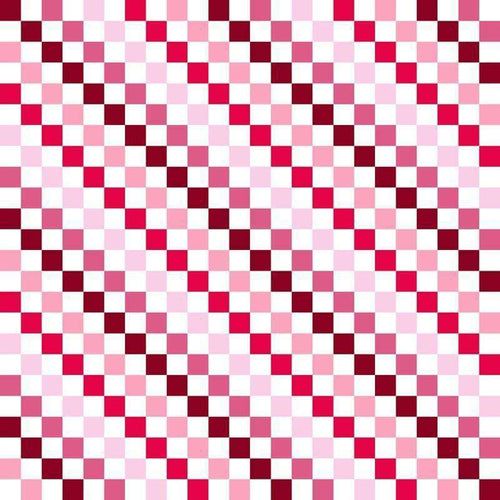Pixelated checkerboard pattern in shades of pink and red