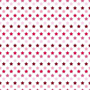 Symmetrical pattern of stars in shades of pink and red on a white background