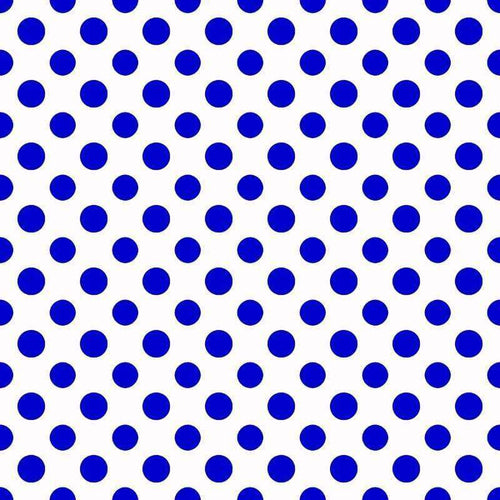 Square image featuring royal blue polka dots on a white background