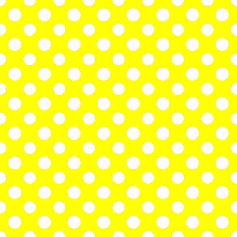 Repeated white polka dots on a bright yellow background