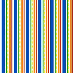 Bright striped pattern with alternating blue, white, red, and yellow stripes with polka dots