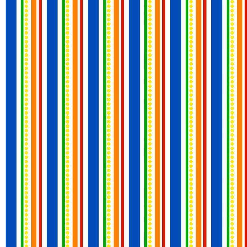 Bright striped pattern with alternating blue, white, red, and yellow stripes with polka dots