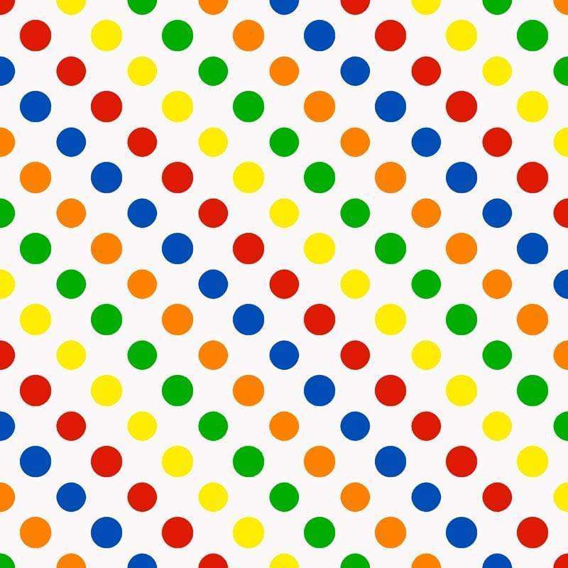 Multicolored polka dot pattern on a white background