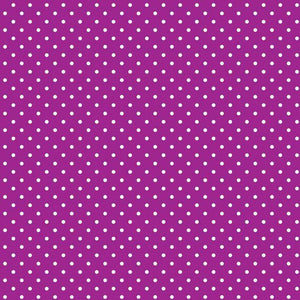White polka dots on a purple background