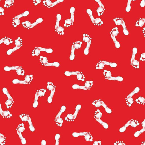 White footprints across a vivid red background