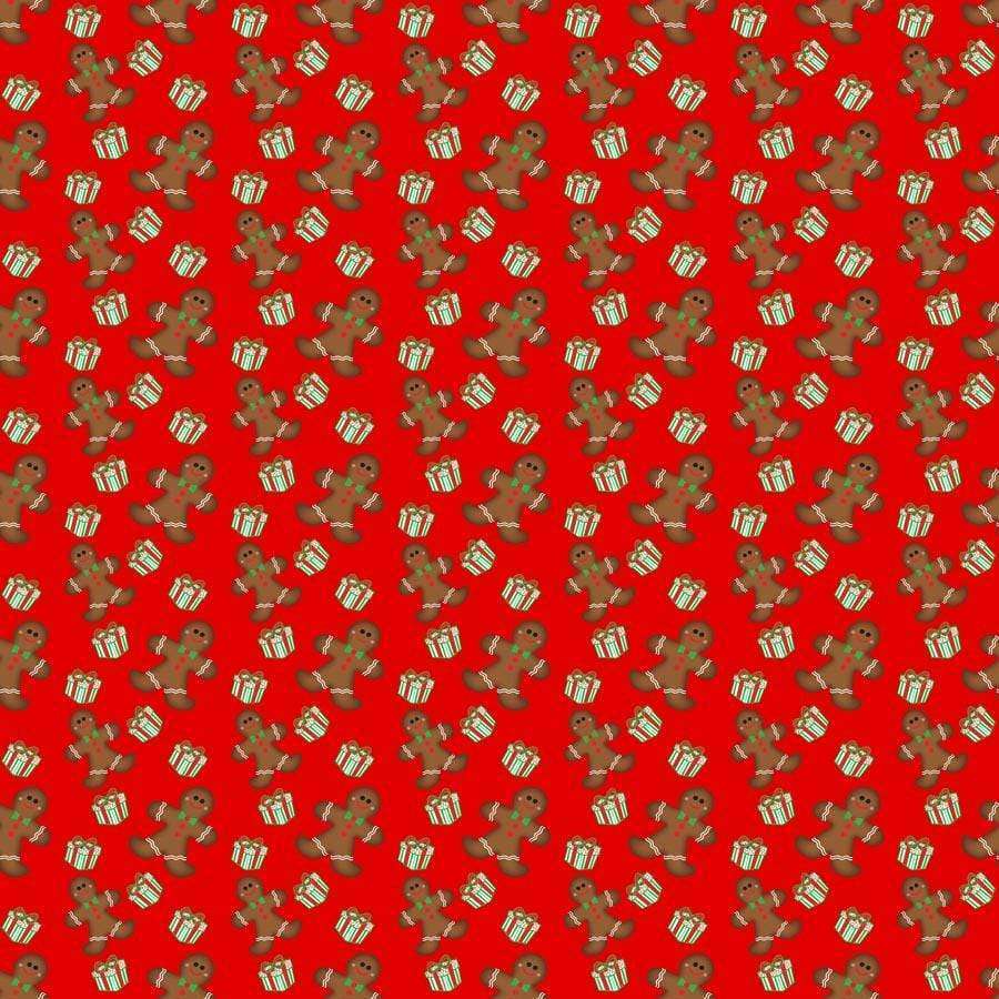 Repeated gingerbread men and candy canes pattern on a festive red background