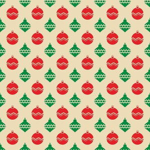 Seasonal repeating pattern of red and green Christmas baubles and trees against a cream background