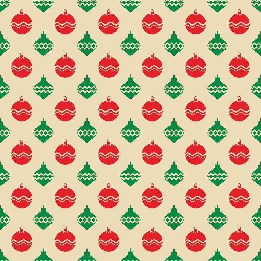 Seasonal repeating pattern of red and green Christmas baubles and trees against a cream background