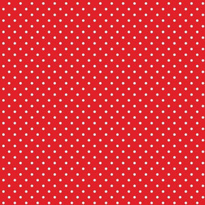 A bright red fabric with evenly spaced white polka dots