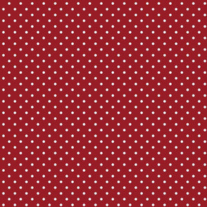 Red fabric with evenly spaced white polka dots