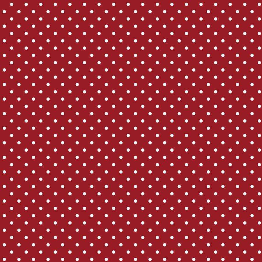 Red fabric with evenly spaced white polka dots