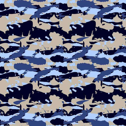 Abstract camo pattern in shades of blue, beige and black