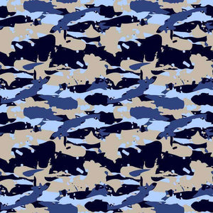 Abstract camo pattern in shades of blue, beige and black