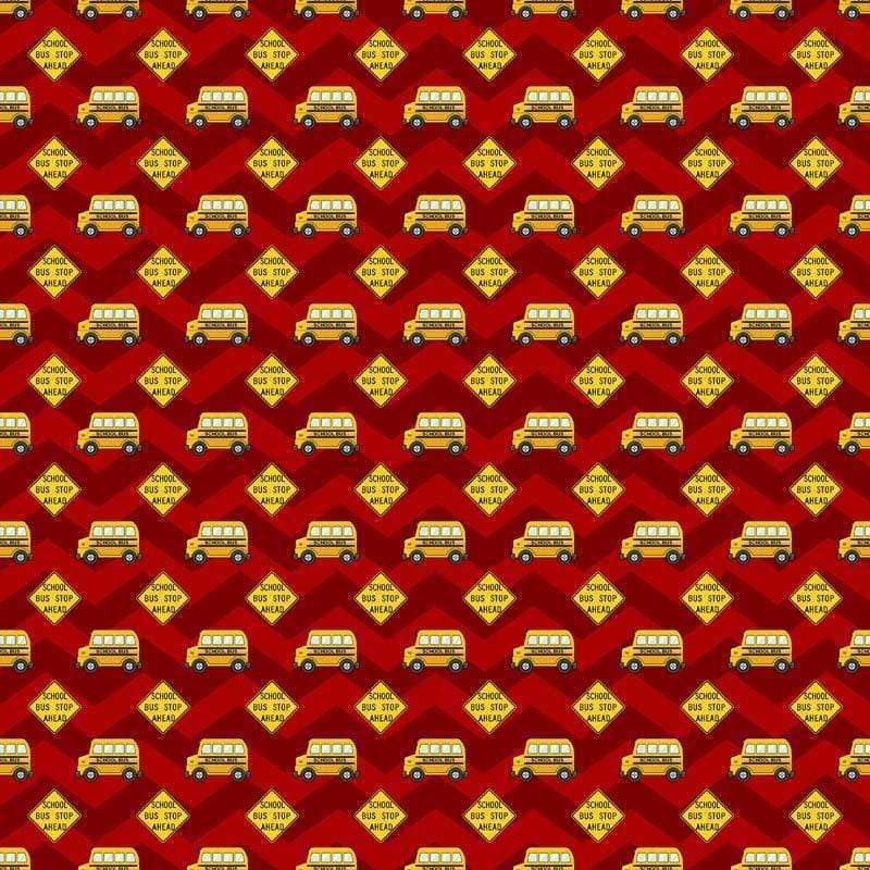 Repeated pattern of yellow school buses on a red background