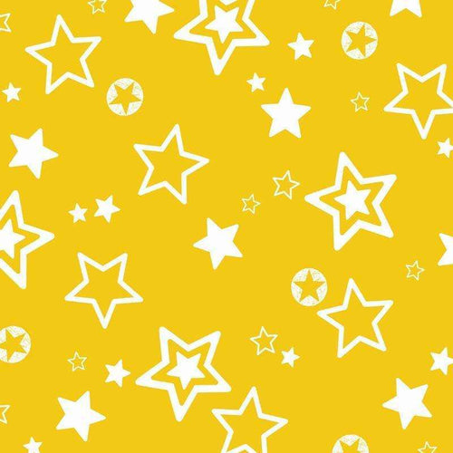 Yellow background with various white stars and star outlines