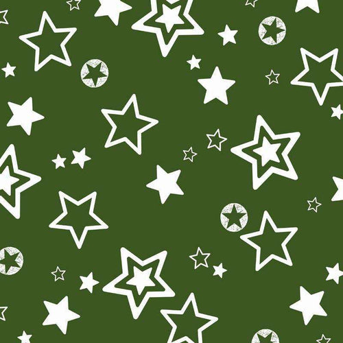 Assorted white stars on a deep green background